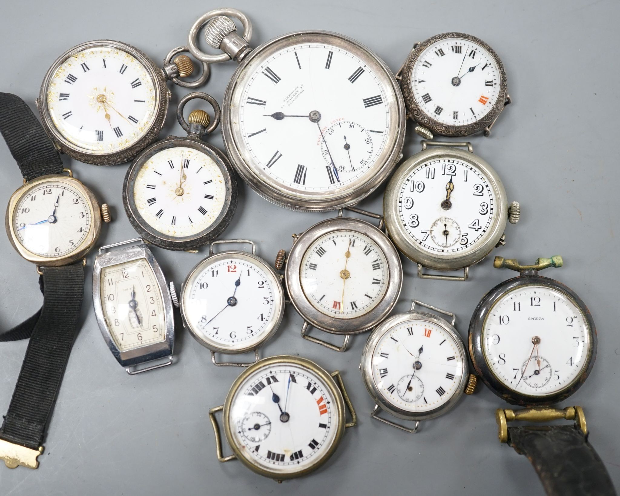 A George V silver open faced pocket watch, two silver or white metal fob watches and nine assorted mainly early 20th century wrist watches including silver.